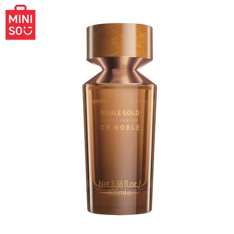 MINISO Noble Gold woody Eau de Parfum for men. Luxury 100ml gold hourglass-shaped bottle, designer masculine scent.