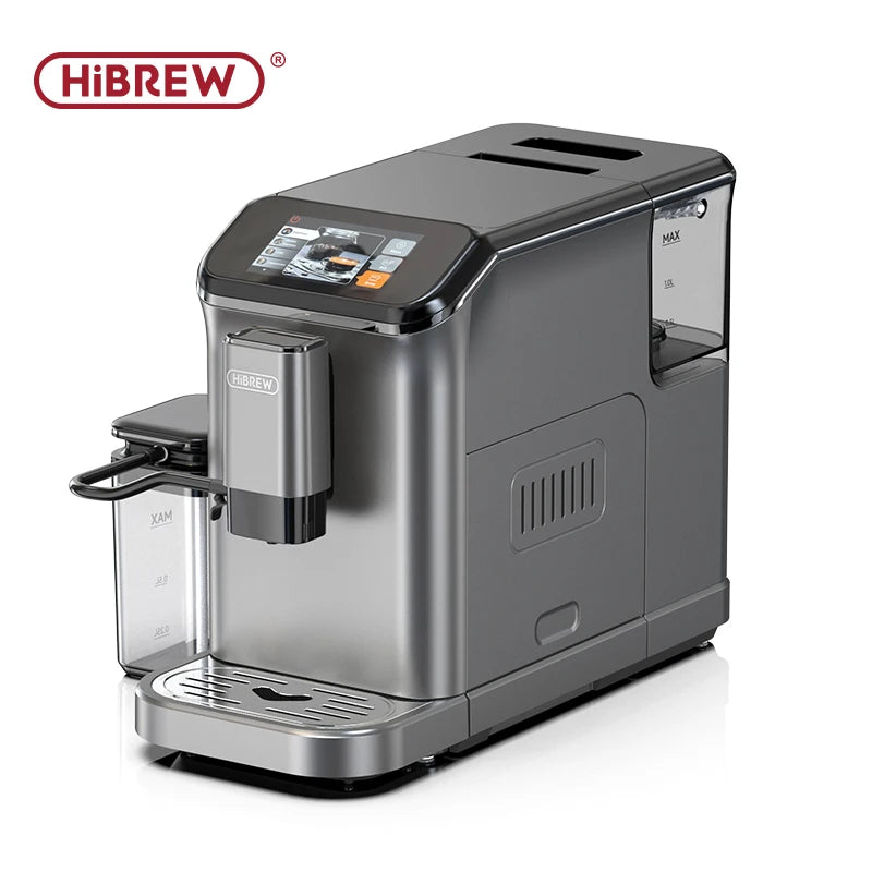 HiBREW metallic grey automatic coffee maker with touchscreen, integrated milk frother, and large water reservoir.