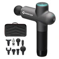 Matte black percussion massage gun with 8 varied attachments and a protective carrying case for muscle recovery.