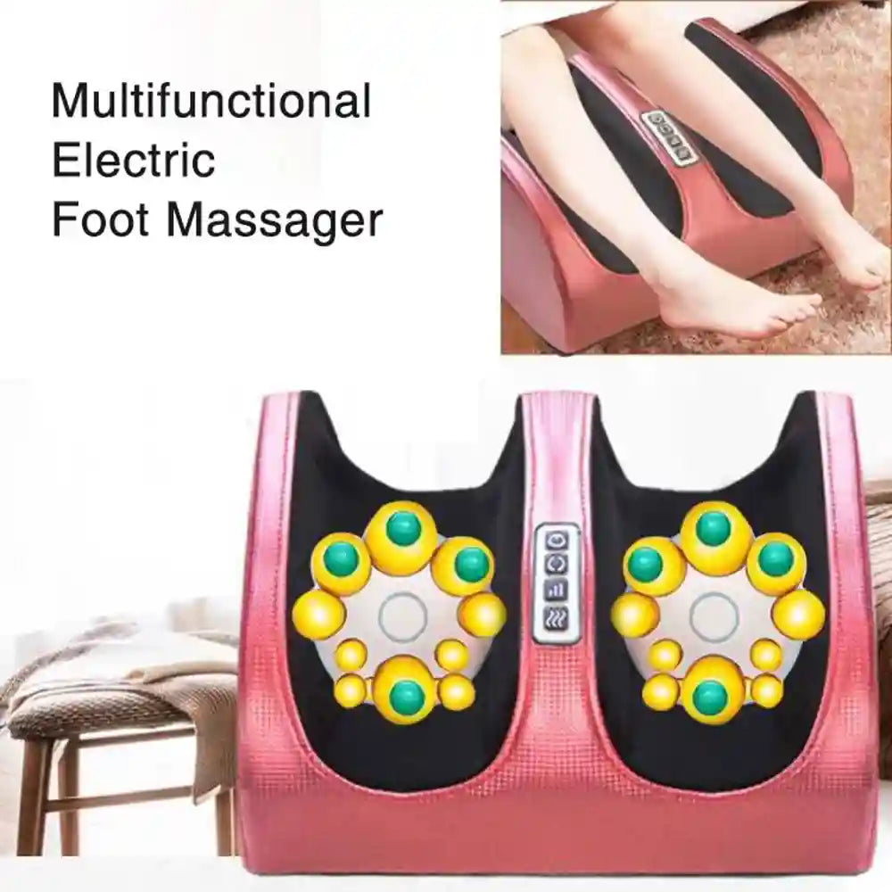 Pink electric foot massager machine with Shiatsu kneading rollers and heating for muscle pain relief and foot therapy.