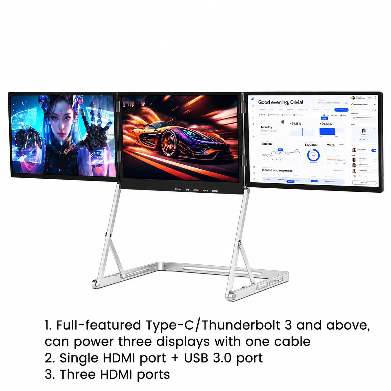 Sibolan 16" 2.5K Three Screen Portable Monitor 60Hz 100% sRGB Metal Body HDMI USB-C Plug Laptop Display Extender For Wins Mac OS