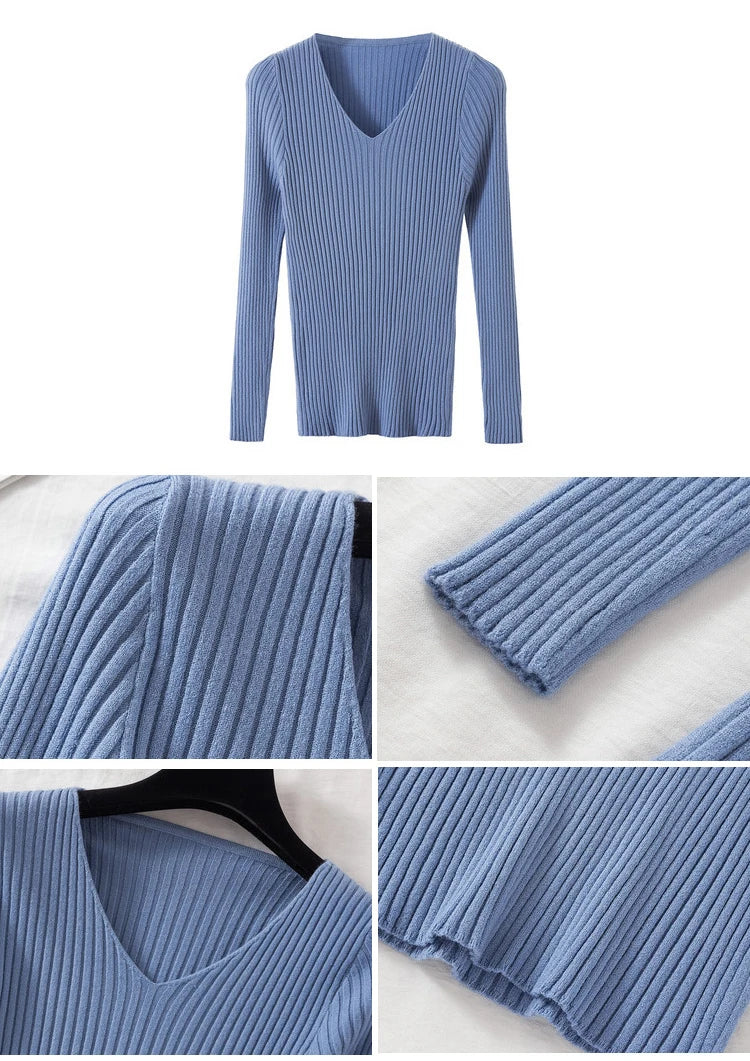 2026 Casual Long Sleeve Knitted V Neck Pullover Autumn Winter Women Sweaters Femme Basic Solid Jersey Tops Fashion Clothes