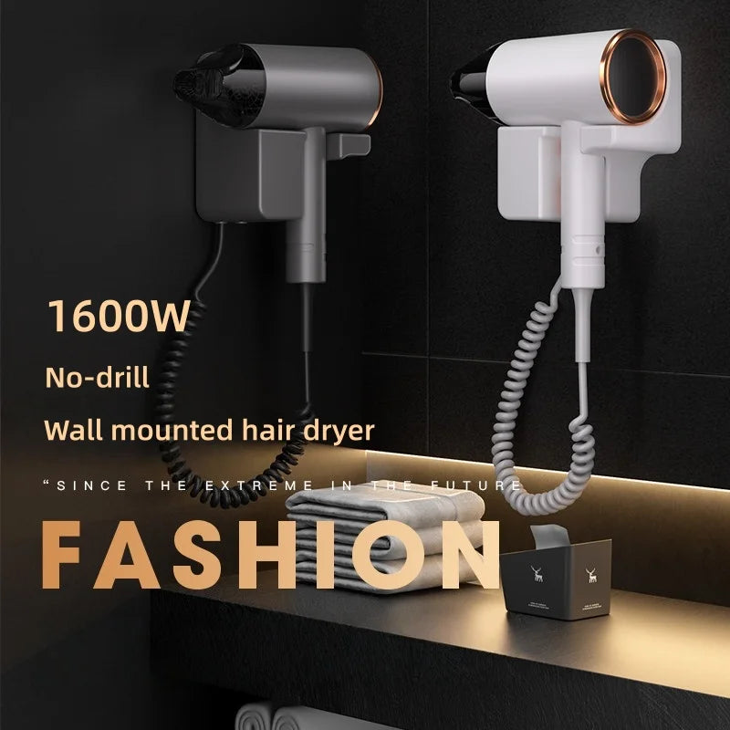 1600W no-drill wall-mounted hair dryers in white and grey, featuring coiled cords and modern, sleek hotel design.