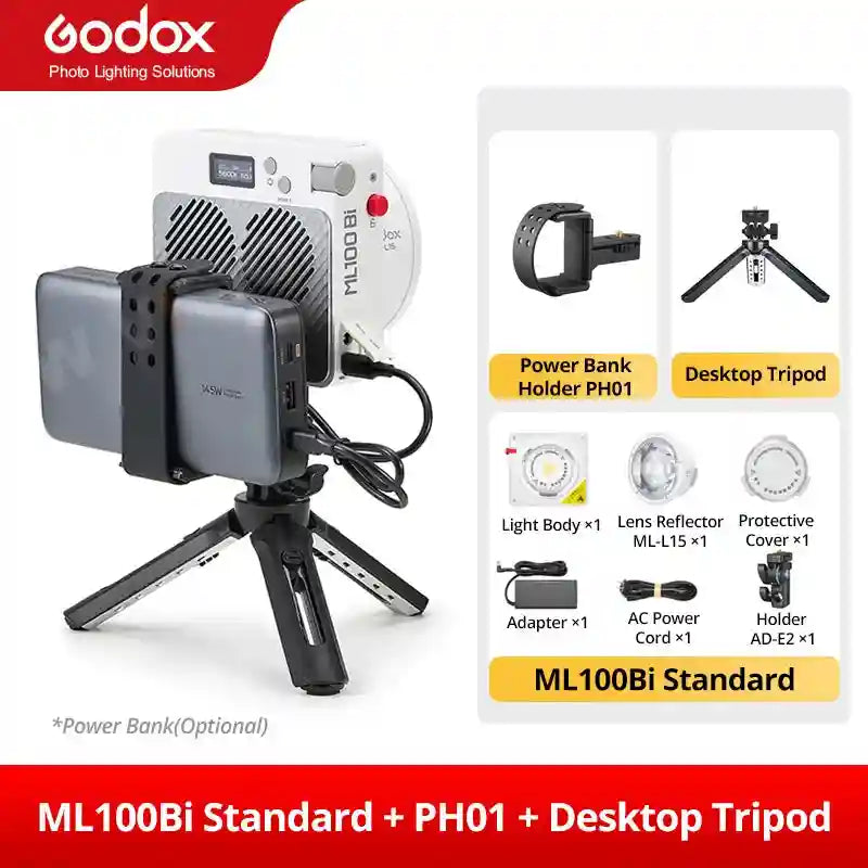 ML100Bi LED light kit with power bank holder, tripod, reflector, and power accessories for portable photography