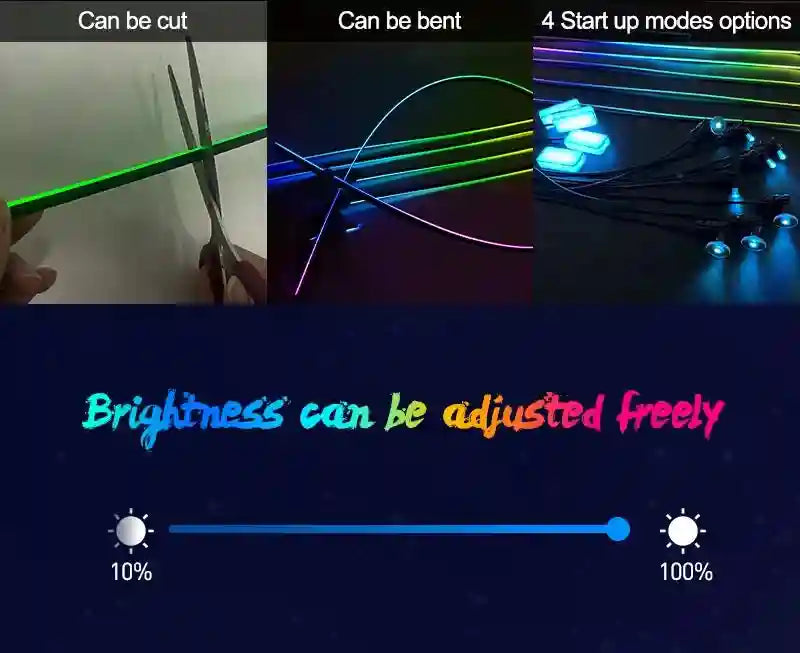 Flexible RGB LED strip light that can be cut, bent, and adjusted for brightness, with four different startup modes.