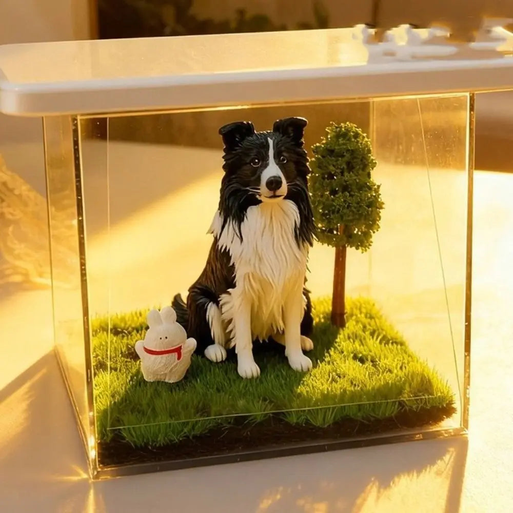 Holographic acrylic pet projection house with 3D Border Collie souvenir figurine in a mini grass landscape display.