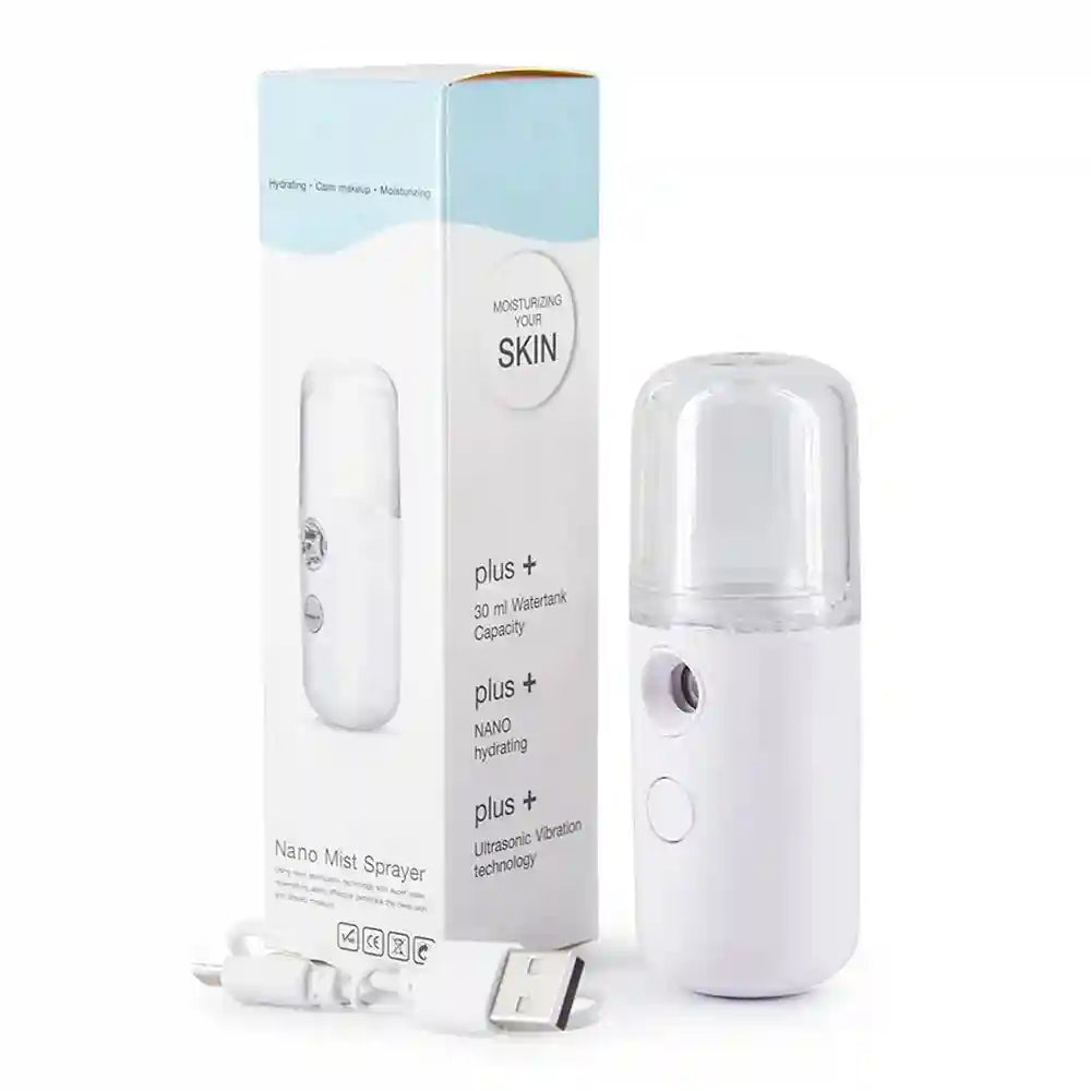 Portable white nano facial mister sprayer for skin hydration with USB charging cable and 30ml tank product packaging.