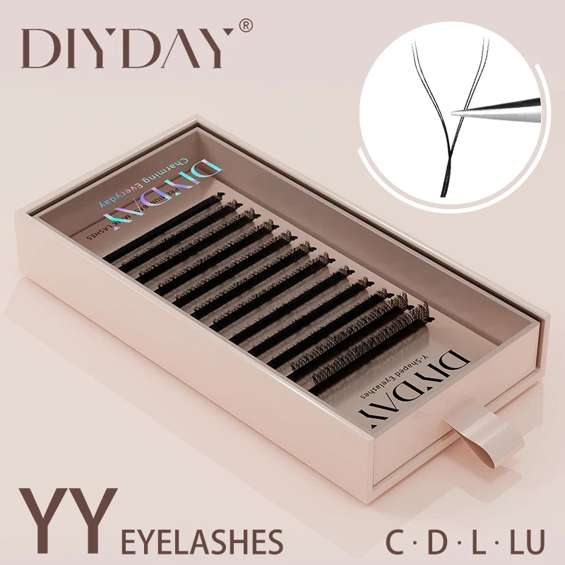 DIYDAY YY Shape Eyelash Extensions C D L LU Curl Brown Lashes Natural Soft Premade Volume Fans Two Tips Y-Shaped False