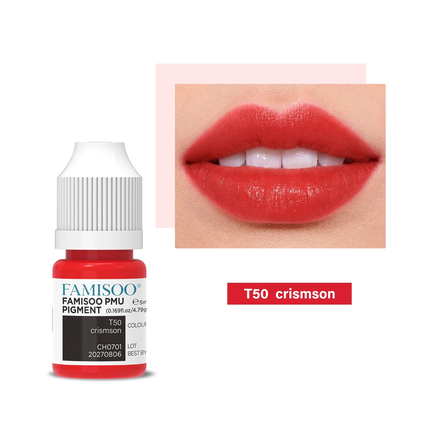 T50 Crimson PMU pigment in a 5ml squeeze bottle with a vibrant red lip color sample showing the final healed result.