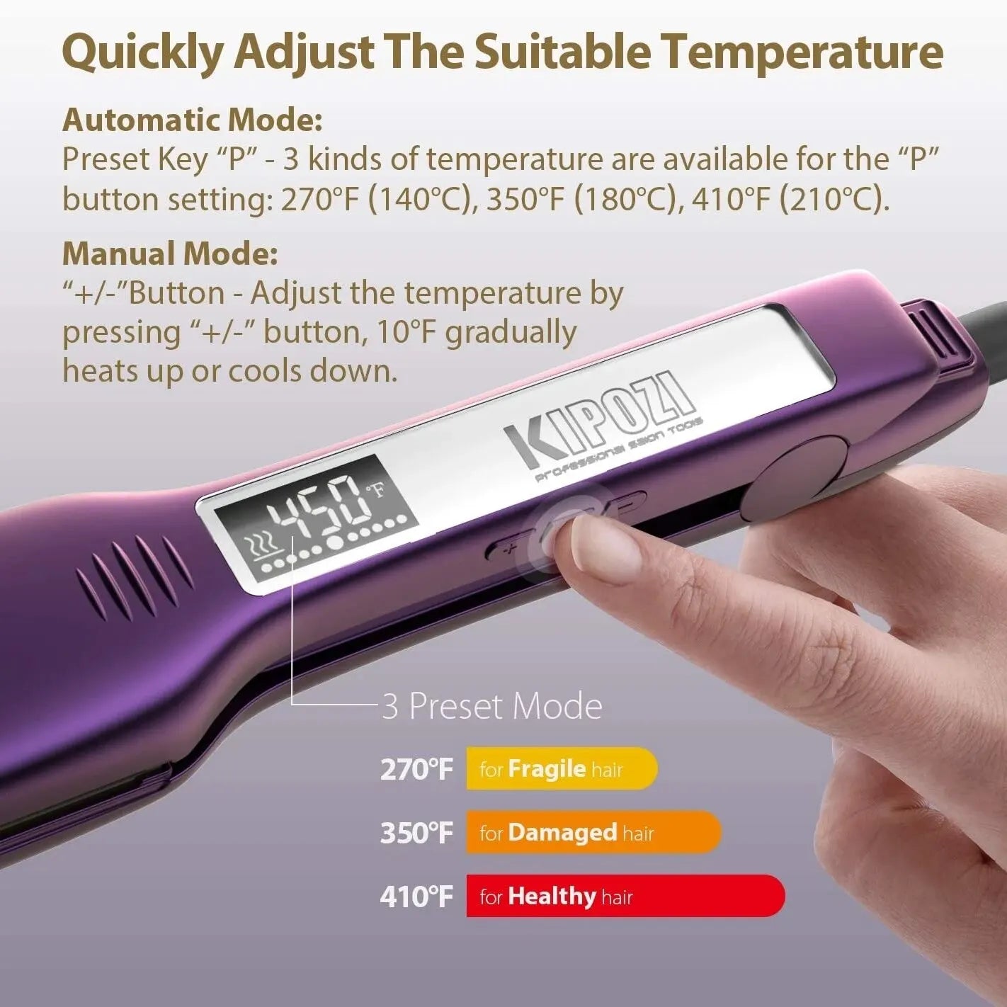 Purple KIPOZI titanium flat iron hair straightener with digital LCD temperature display and preset heat mode buttons.