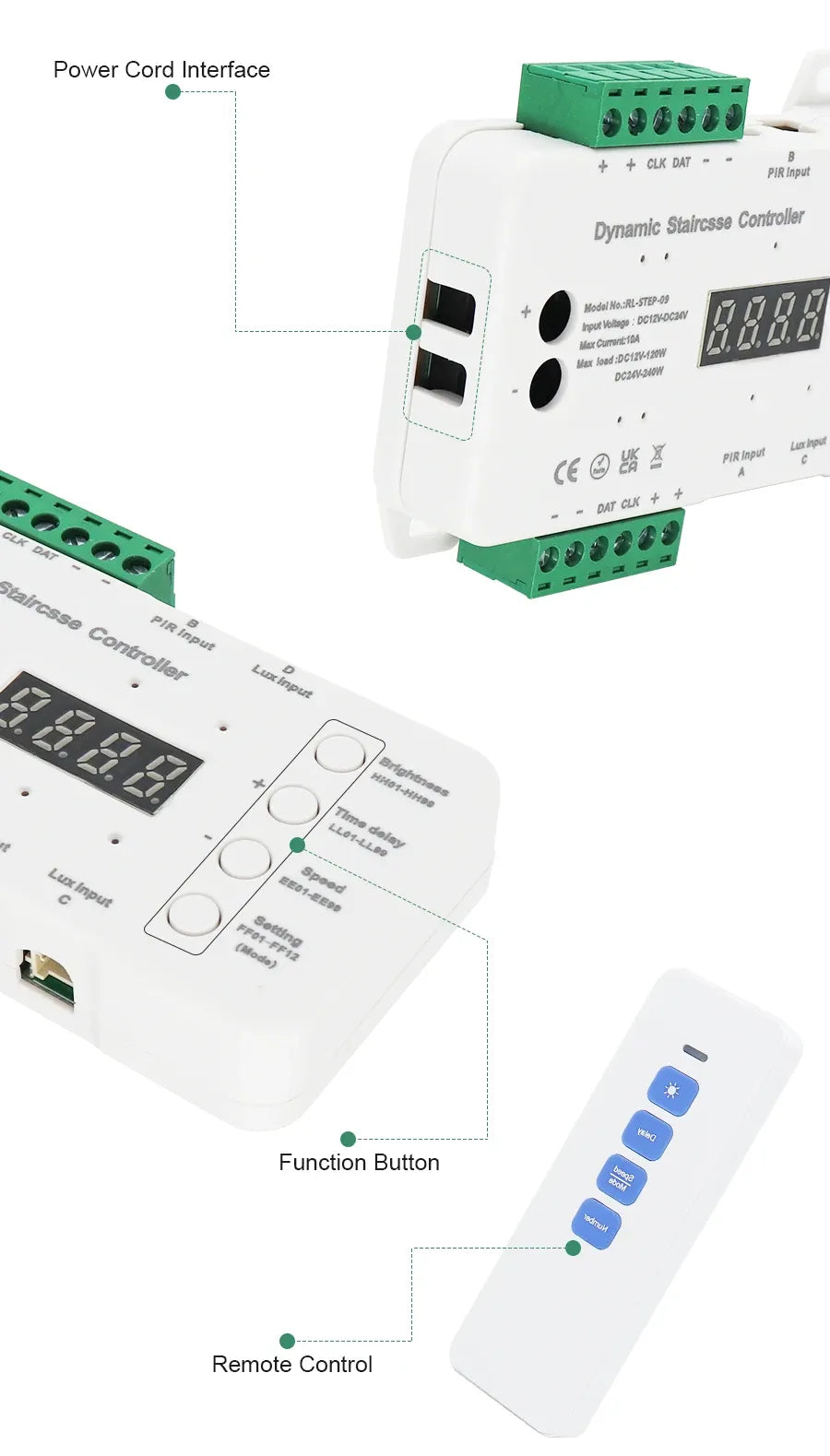 COB LED stair controller kit with power cord interface and function button.