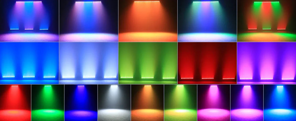 RGBW LED wall wash light bar producing varied color beams including blue, green, red, and purple