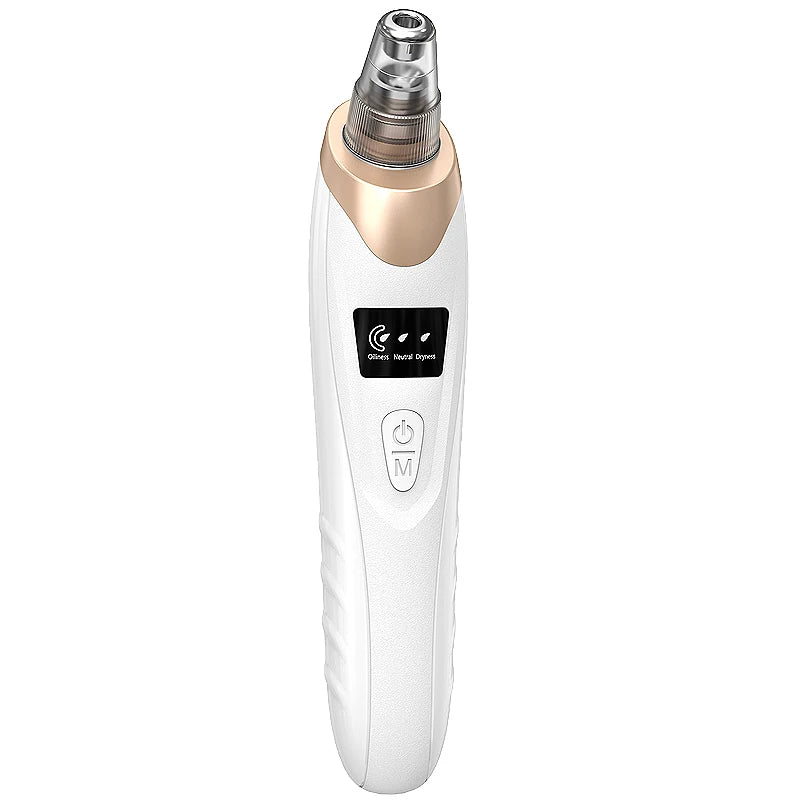 White and gold electric blackhead remover with a clear nozzle, digital display, and two buttons on a white background.