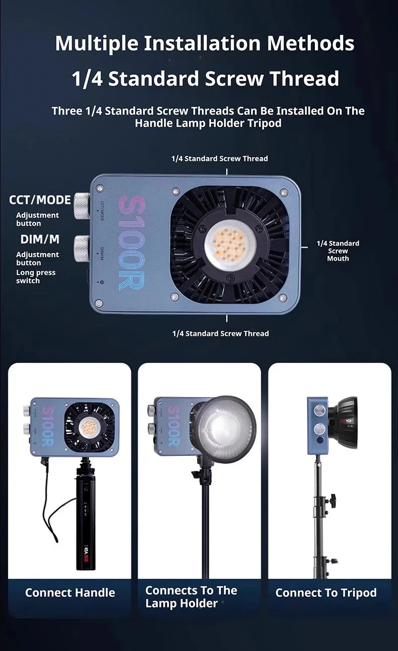 S100R blue rectangular LED video light with three 1/4-inch screw mounts for handles, lamp holders, and tripods.