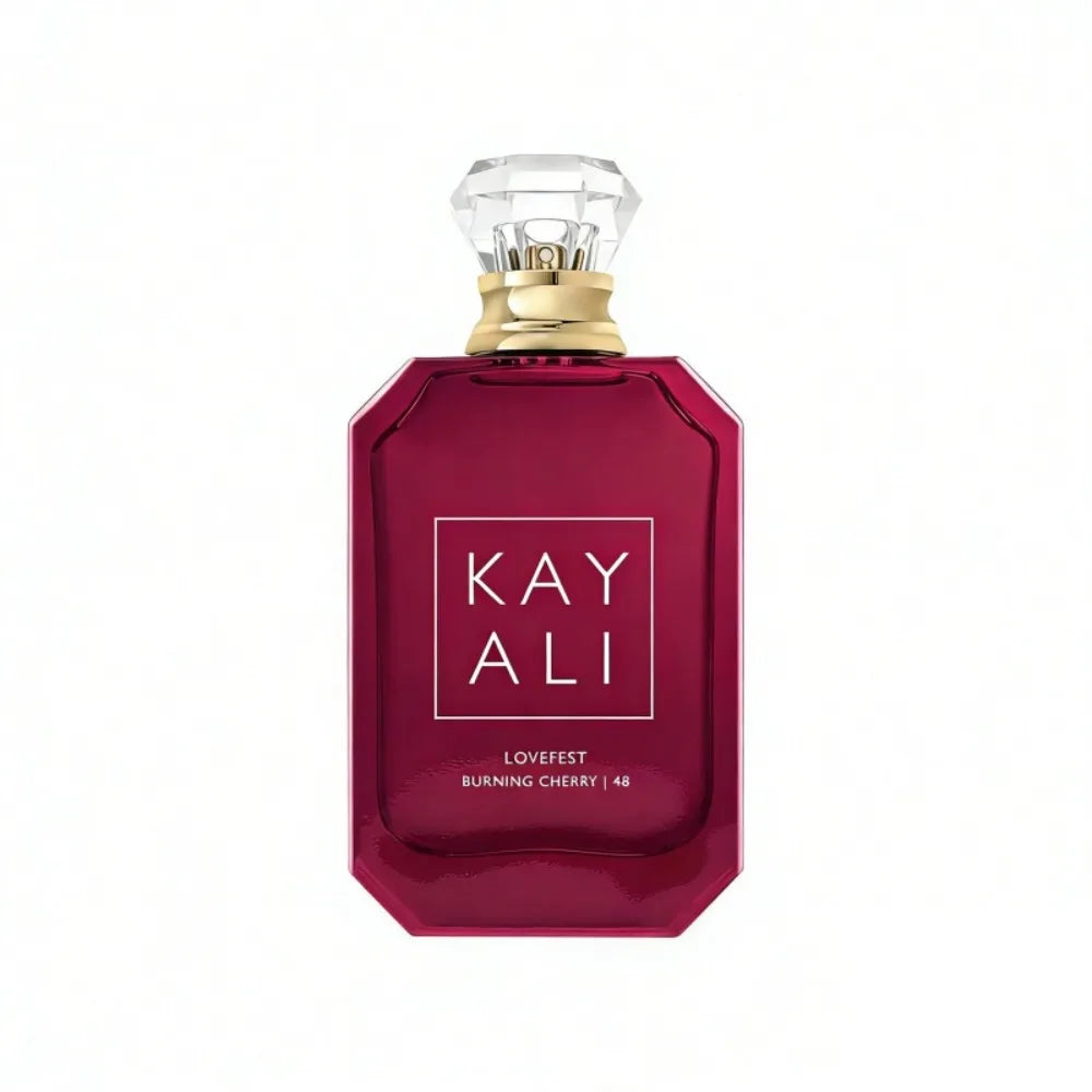 Kayali Lovefest Burning Cherry 48 EDP: Unisex red glass perfume bottle with crystal cap, 100ml luxury fragrance.