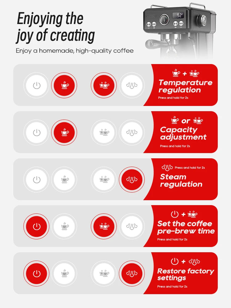Black HiBREW espresso coffee machine with digital control panel displaying settings for temperature and steam functions.