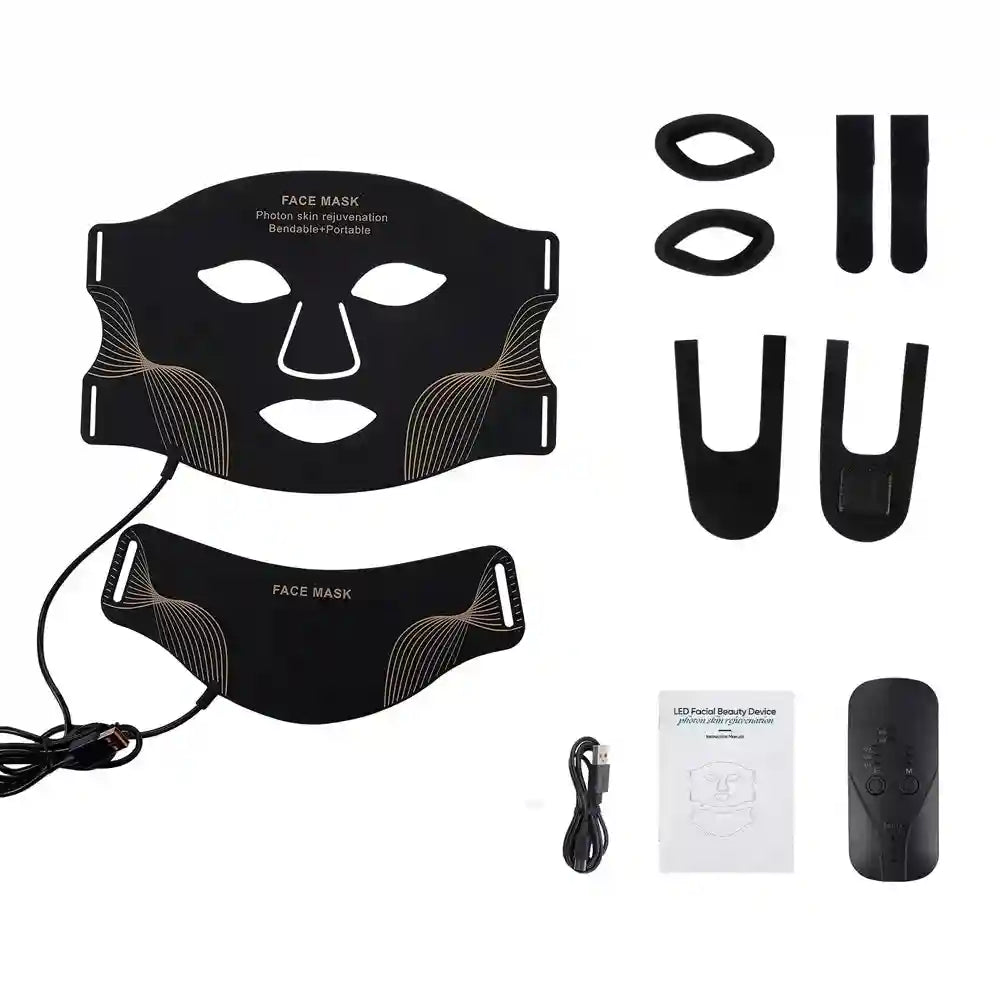 Black flexible silicone face and neck LED masks with straps, power cable, remote control, and user manual.