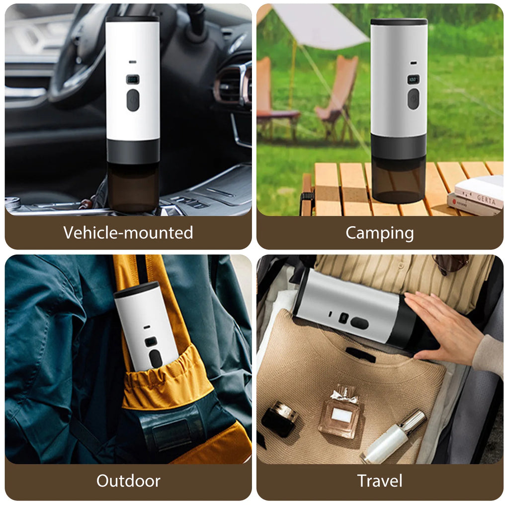Portable white and black electric coffee maker for travel, camping, and car use with digital display.