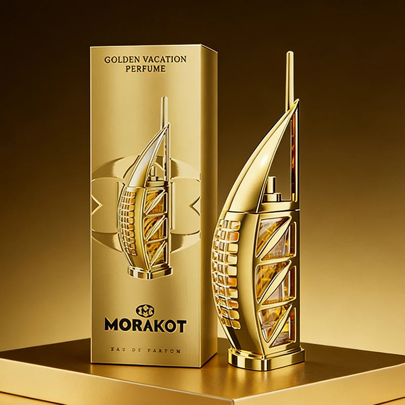 Morakot Golden Vacation unisex EDT, 75ml fresh scent in a gold skyscraper-shaped bottle. Luxury fragrance for all.