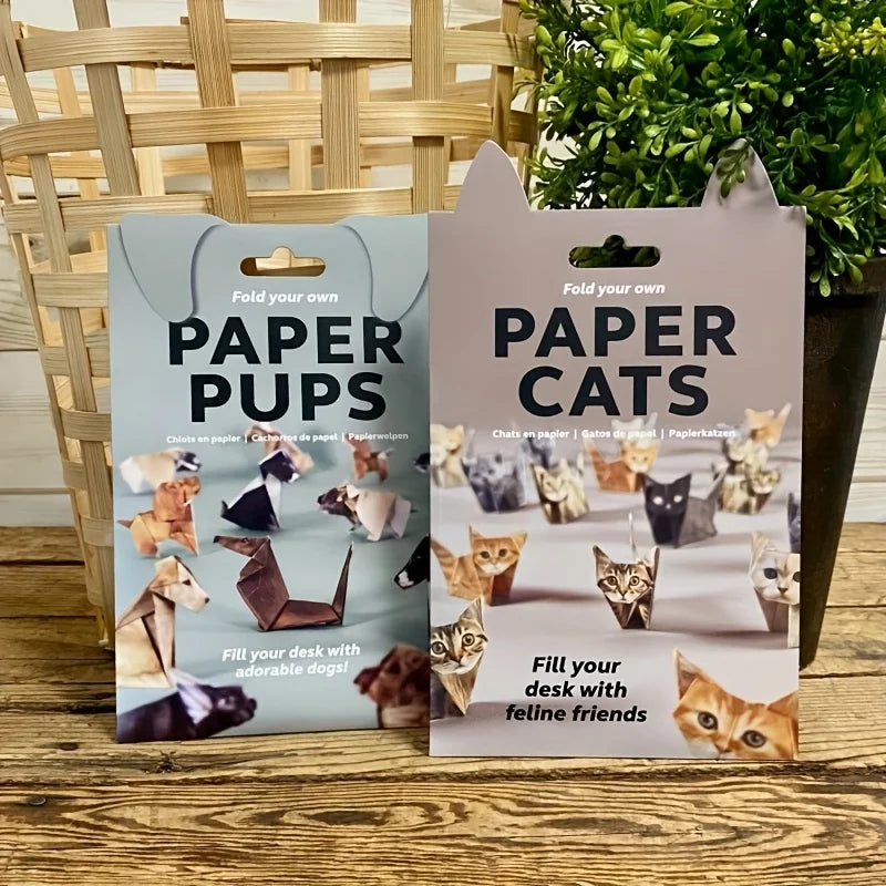 Paper Cats and Pups origami craft kits for DIY desk decor—a perfect handmade gift idea for pet and cat lovers.