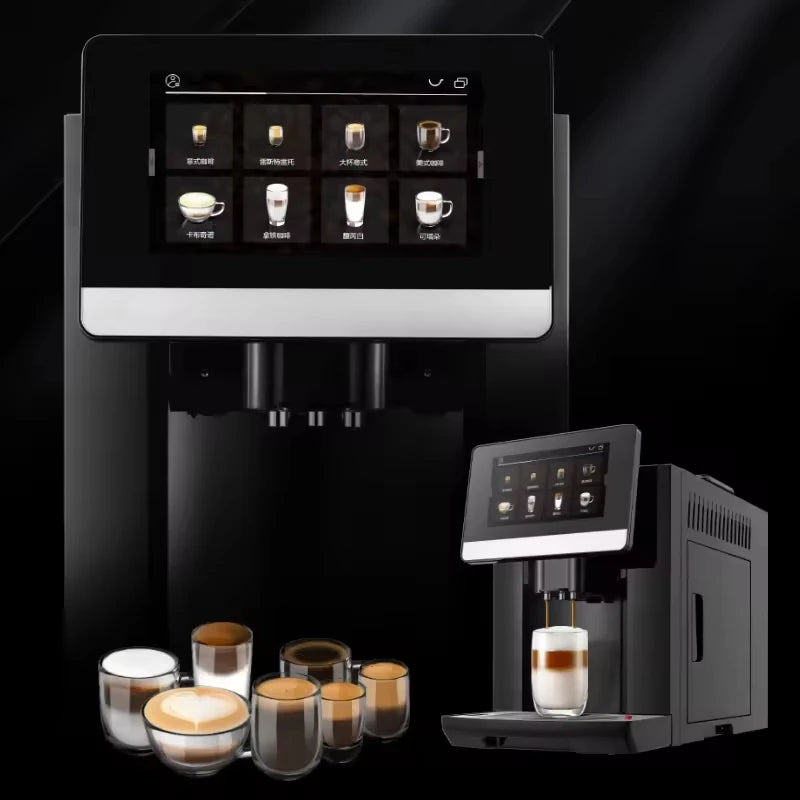 Black automatic coffee machine with touchscreen display and various brewed specialty coffee drinks on black background.