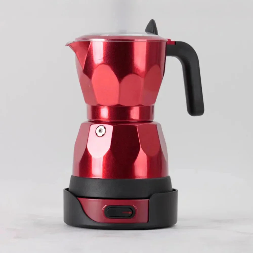 Electric red aluminum moka pot espresso maker with black base, heat-resistant handle, and power switch.