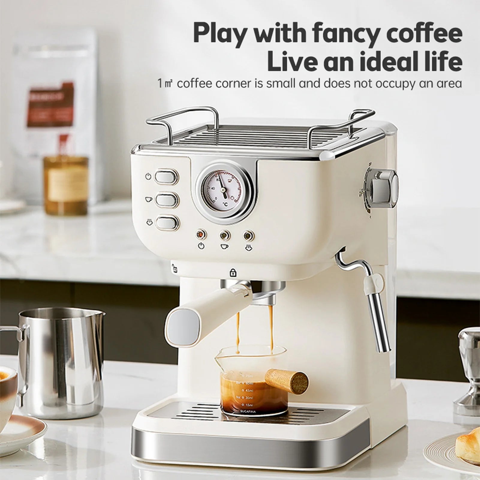 Compact retro cream espresso machine with pressure gauge, steam wand, and portafilter, pouring coffee into a glass.