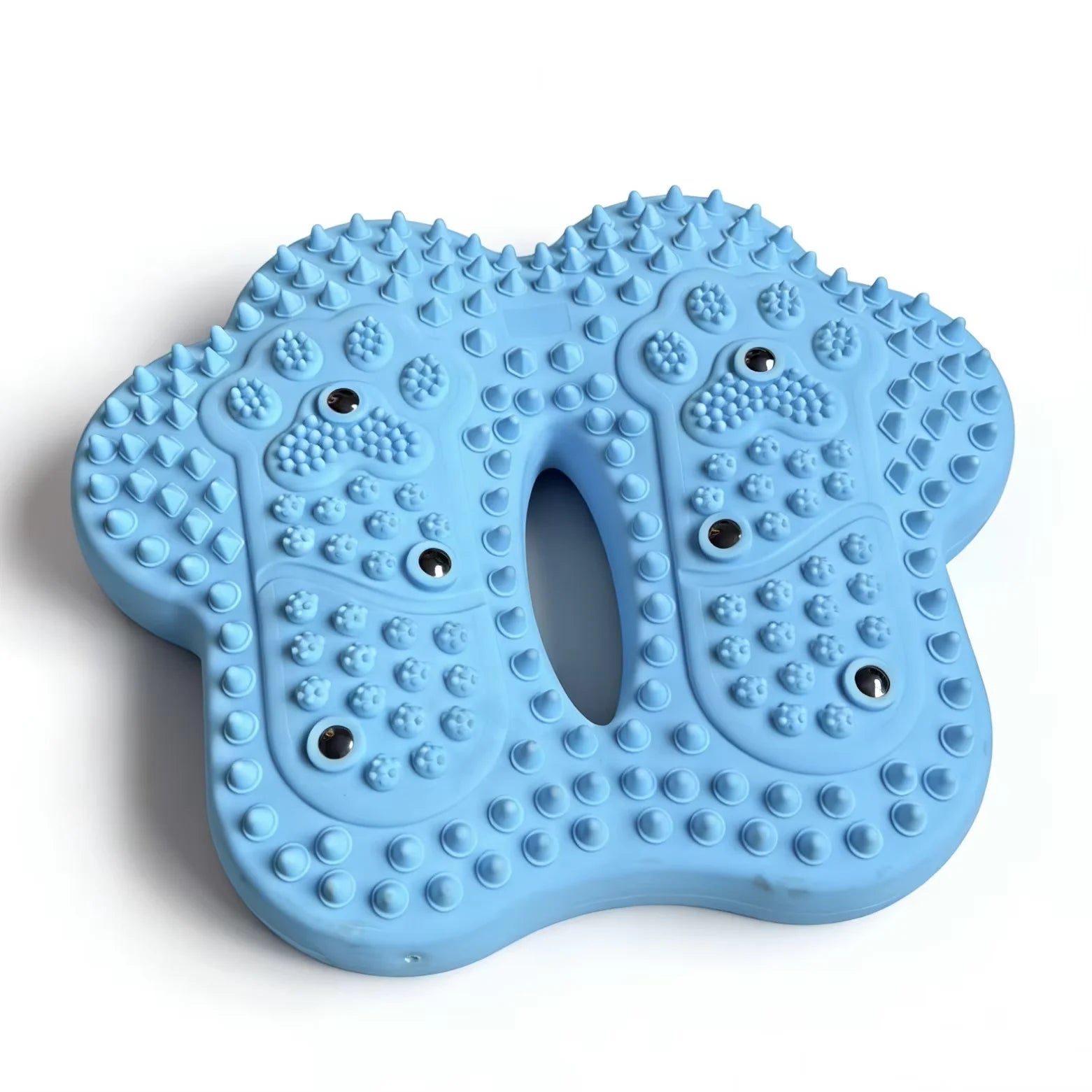 Light blue, inflatable foot massage mat with textured spikes, acupoint nodes, and magnetic inserts.