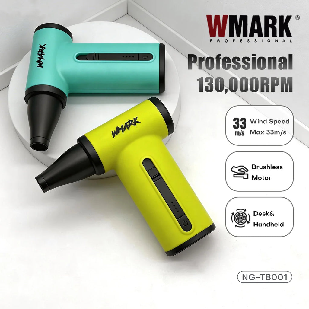 WMARK NG-TB001 cordless brushless motor hair dryer and dust blower in teal and yellow with nozzle attachment.