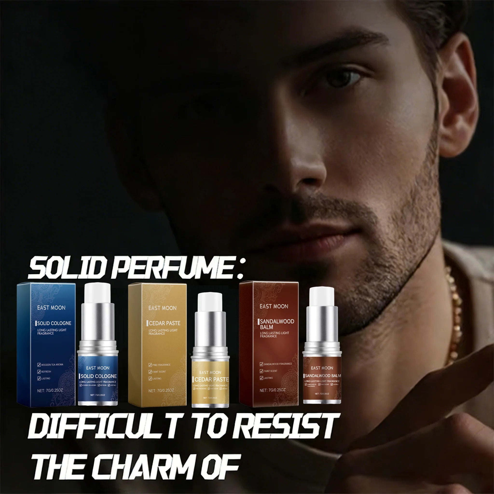 East Moon solid cologne balm for men: Woody, cedar, and sandalwood scents in portable, travel-friendly twist-up tubes.