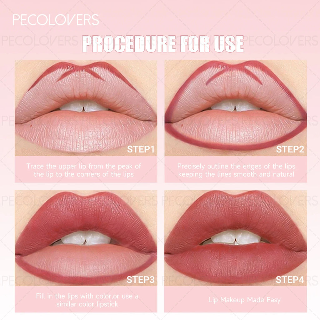 Step-by-step guide showing how to apply long-lasting waterproof matte lip liner for a smooth, natural-looking finish.