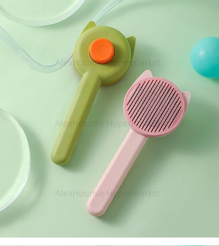 Green and pink cat grooming brushes for easy pet hair removal. Self-cleaning cat combs for kittens and puppies.