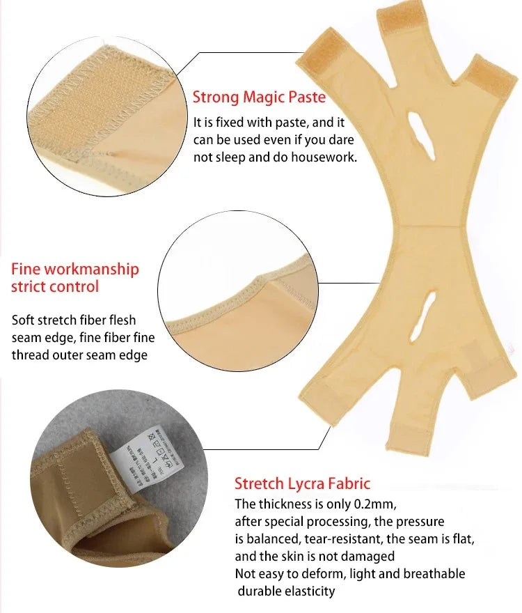 Beige, V-line elastic face slimming bandage with velcro straps, cutouts for ears, and detailed fabric close-ups.