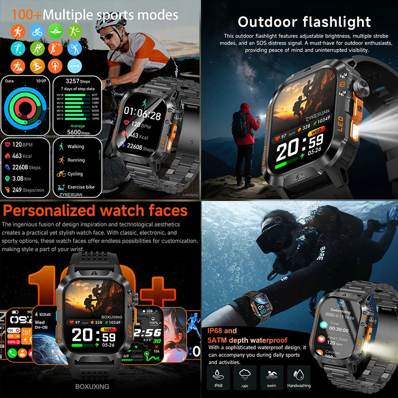 New Military Grade 1200mAh Battery Smartwatch Men 5ATM Waterproof Sports Tracker Flashlight Heart Rate AMOLED Screen Smart Watch