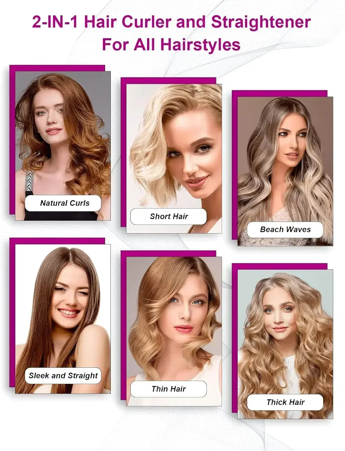 2-in-1 hair curler and straightener styling guide showing sleek, wavy, and curly results for all hair types.