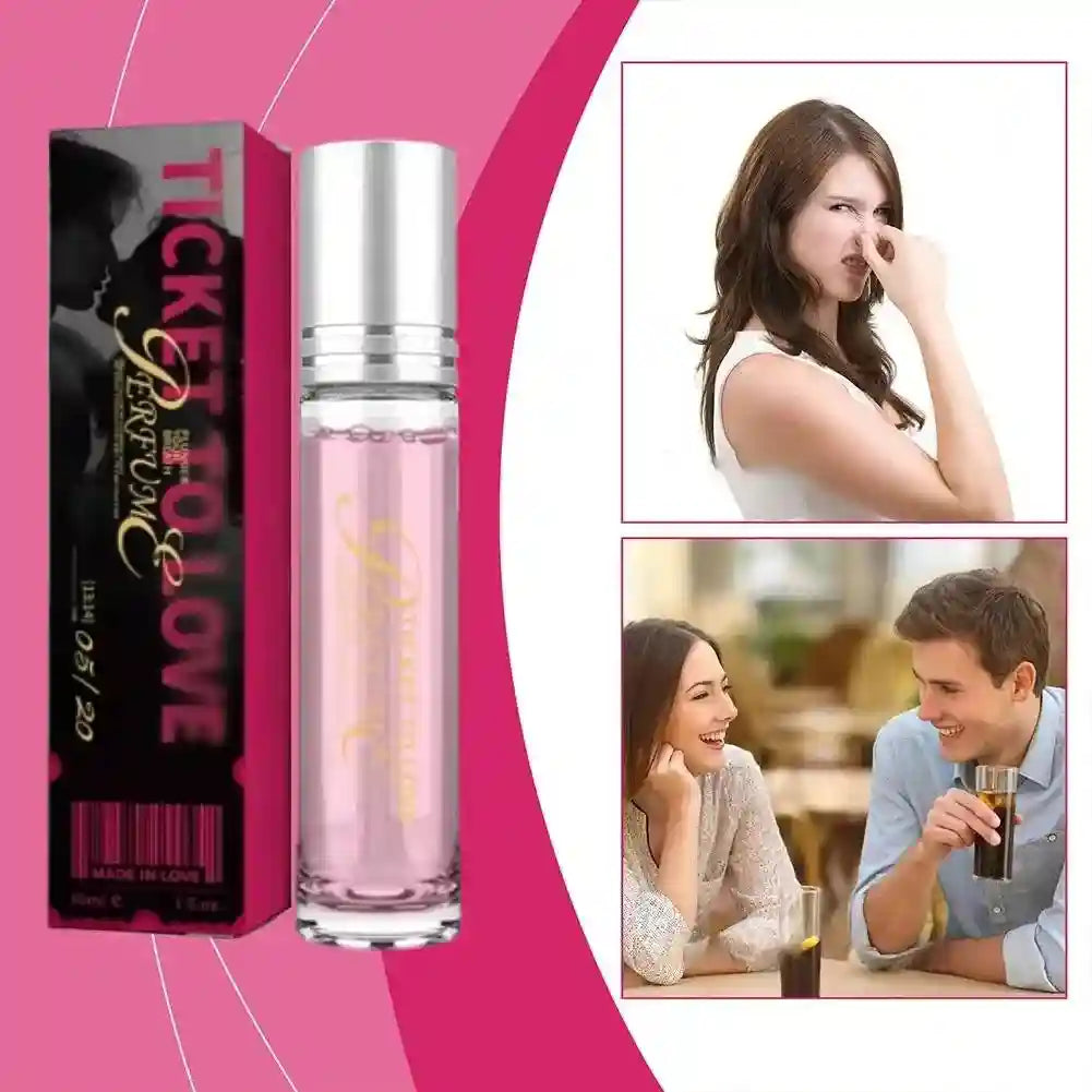 Ticket to Love pheromone perfume: 10ml roll-on bottle, long-lasting unisex scent for men and women attraction.