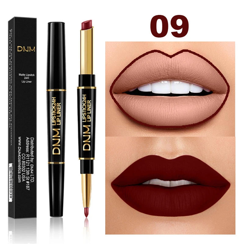 DNM 2-in-1 waterproof matte lipstick and lip liner pencil in nude and dark red shades for long-lasting lip makeup.