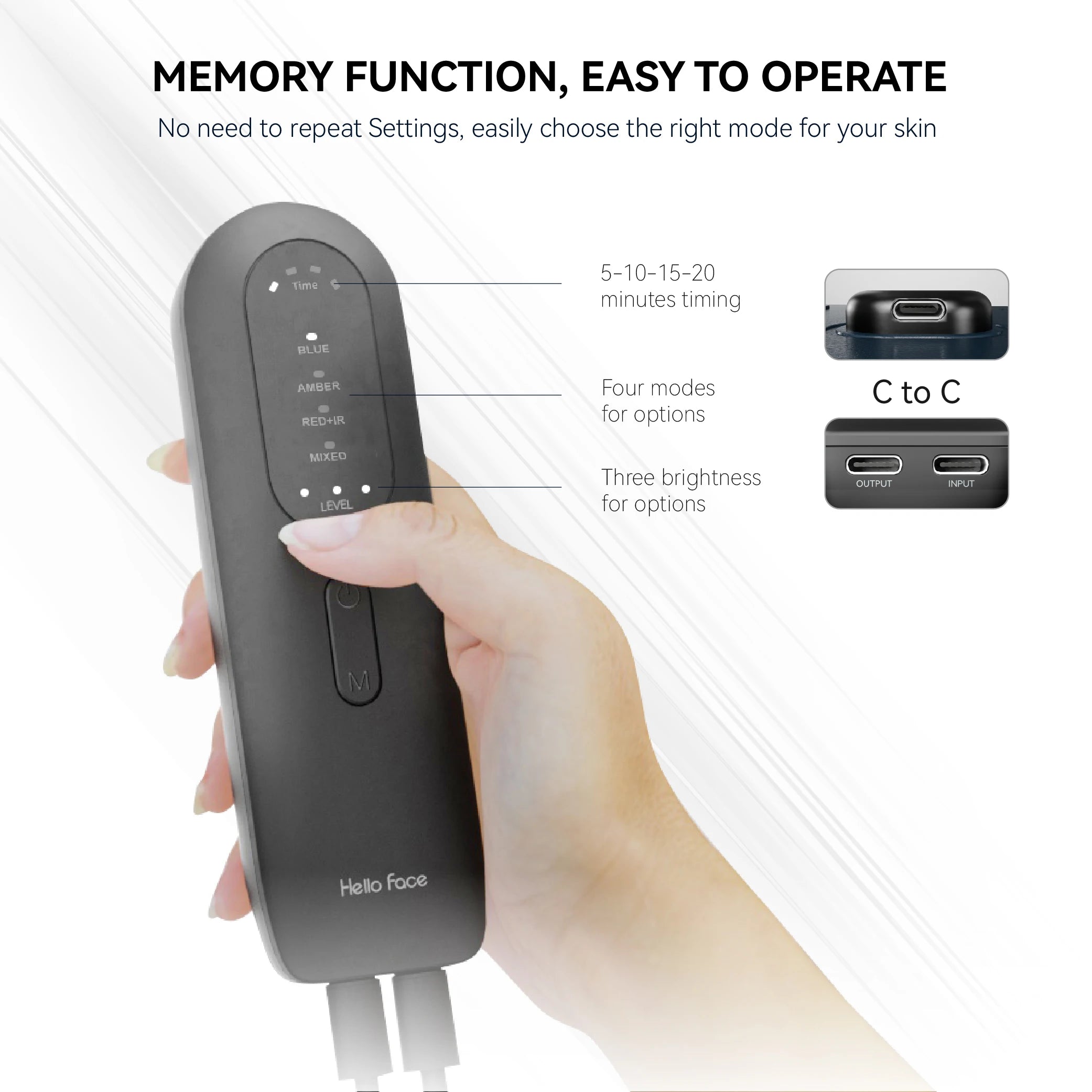 A hand holds a sleek, black Hello Face LED mask remote with mode, time, and brightness control buttons and USB-C ports.