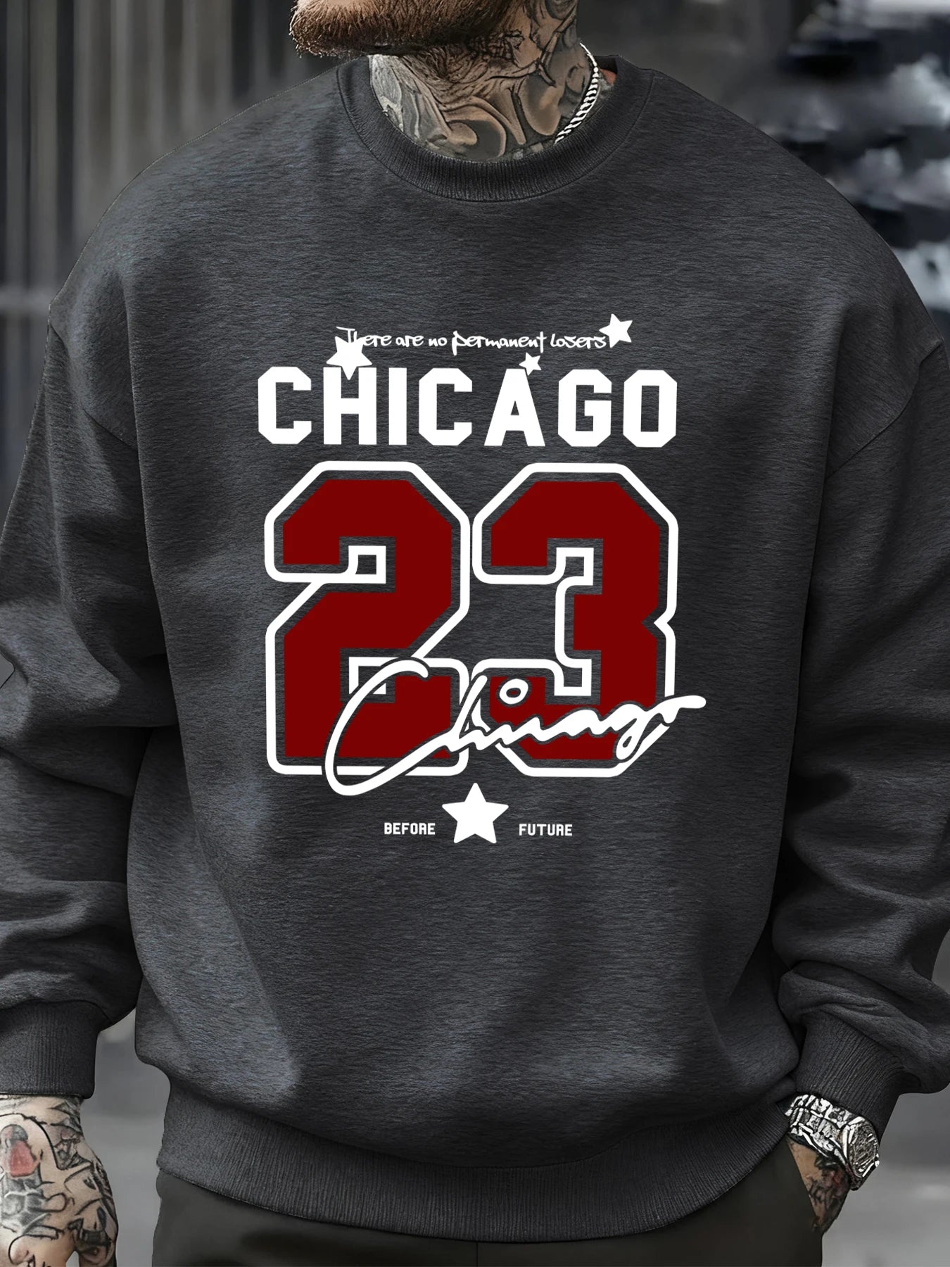 Tidesmit charcoal grey crewneck fleece sweatshirt featuring a large red 23 print and Chicago text graphic on the chest.