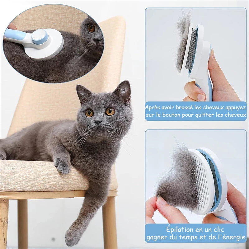 Blue self-cleaning slicker brush for cats and dogs, removes tangled pet hair with easy one-click button cleaning.