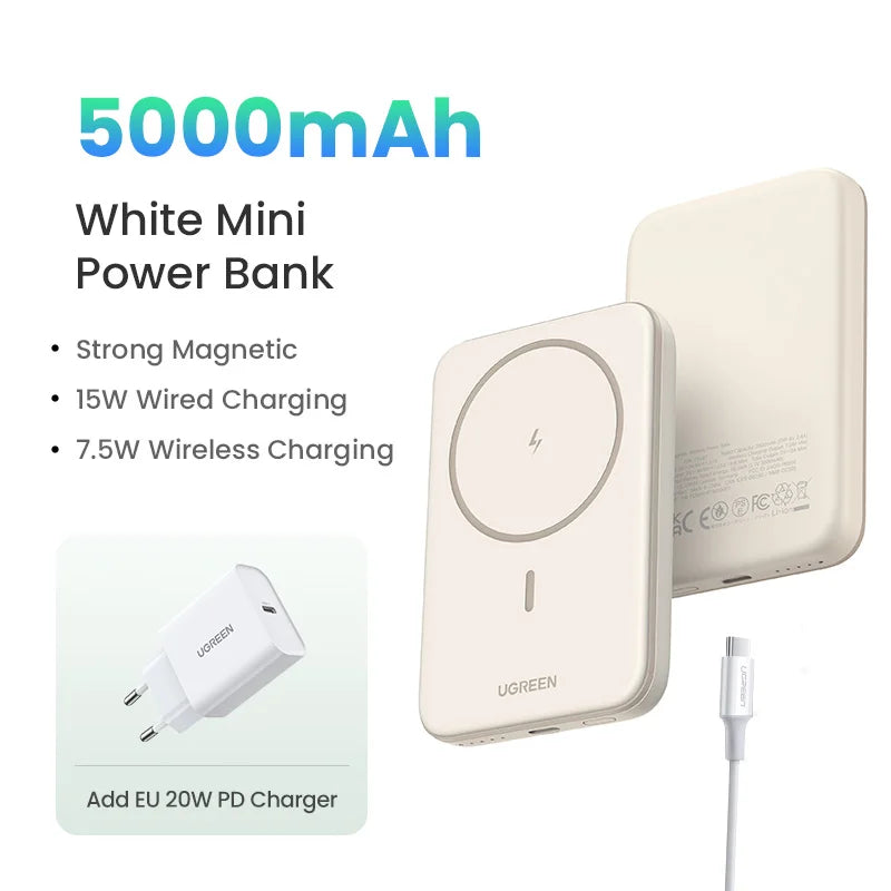 Magnetic Power Bank 10000mAh for MagSafe iPhone - Fast Wireless Charging 5000 White Bundle Tidesmit