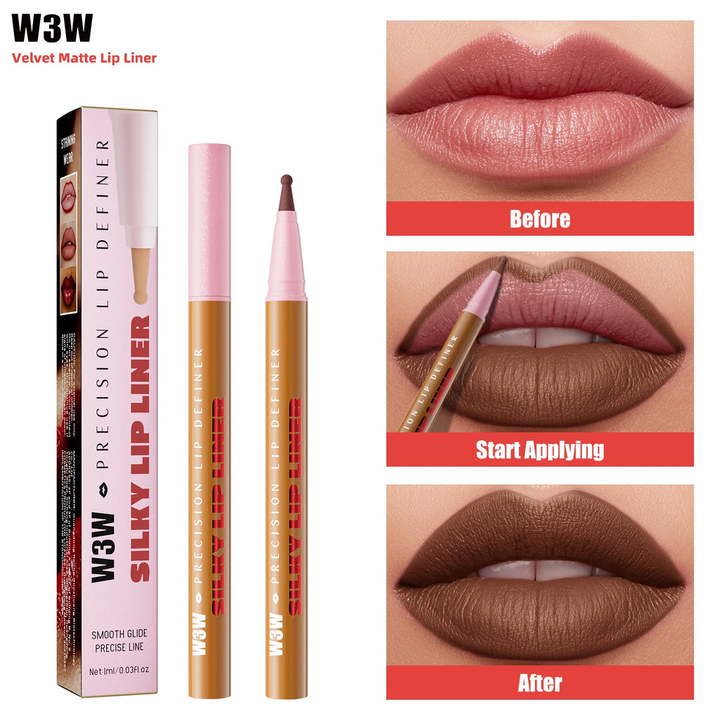 W3W waterproof velvet matte lip liner pencil in a brown shade, showing before and after application for precise lips.