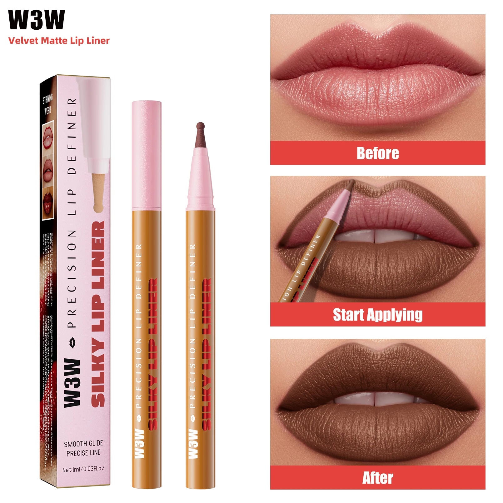 W3W waterproof velvet matte lip liner pencil in a brown shade, showing before and after application for precise lips.