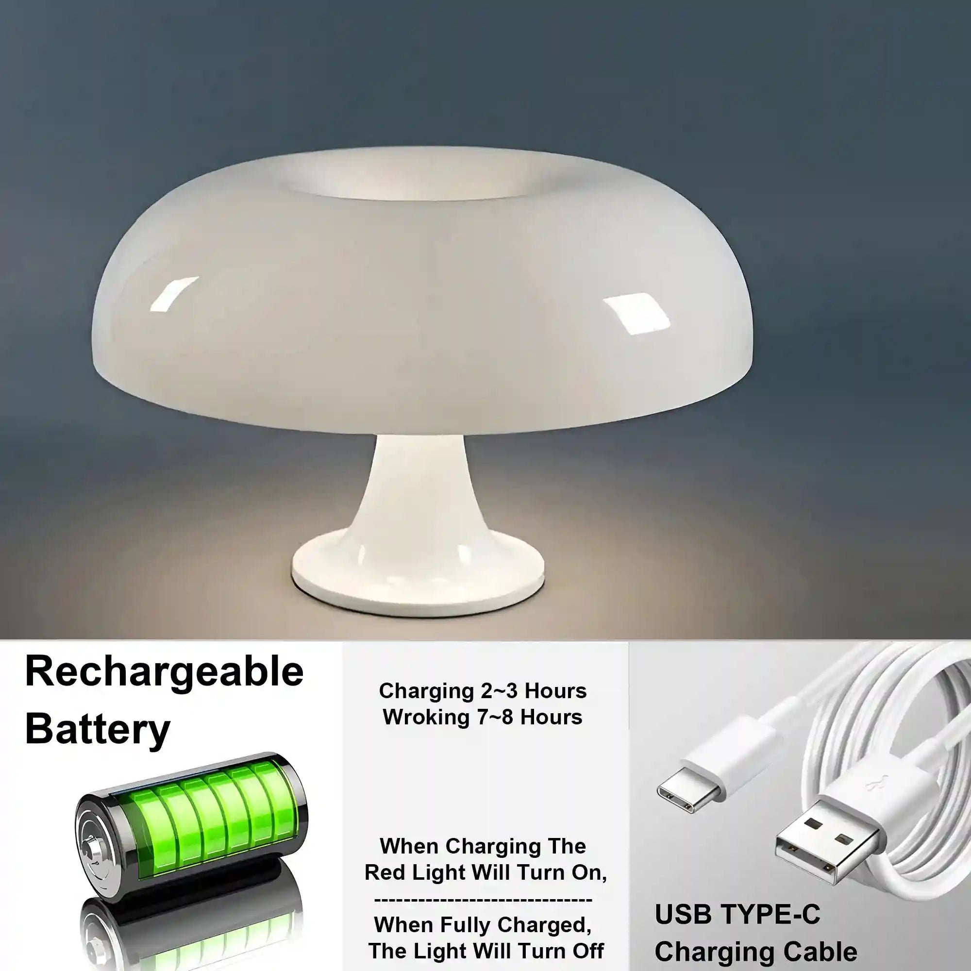 Mushroom Table Lamp - Bauhaus Bedside LED Light, 25cm Adjustable Desk Lamp whitecharging 28cm Tidesmit