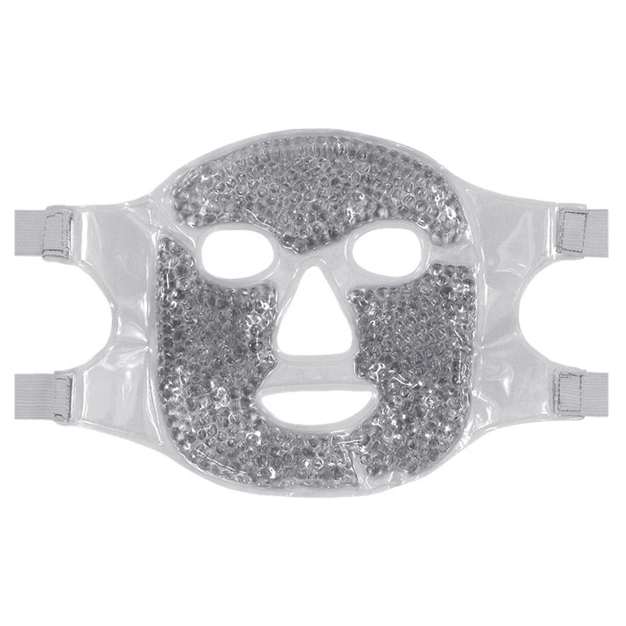 Clear gel bead face mask with adjustable straps for hot or cold therapy, isolated against a white background.