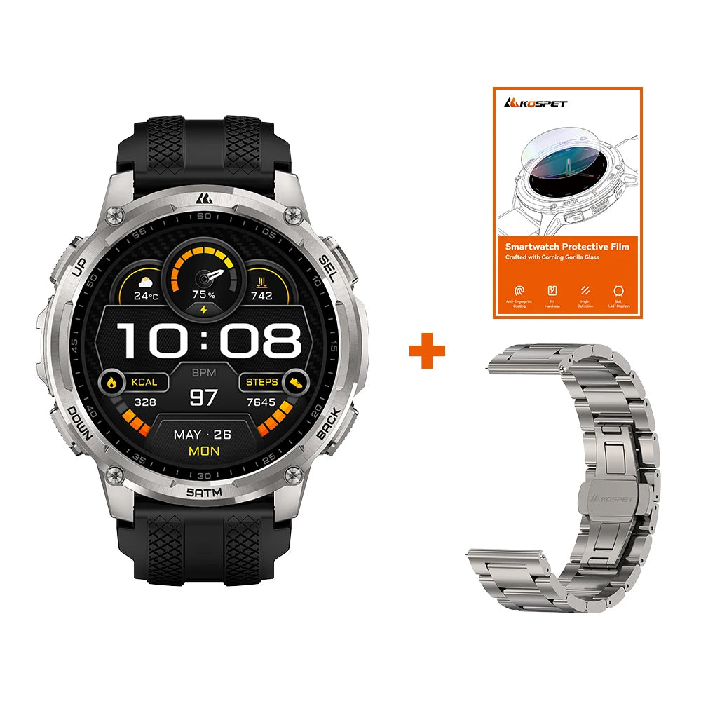 KOSPET TANK T4C Men's Military Smartwatch Rugged GPS Watch with Flashlight 5ATM Waterproof & All-Day Health Tracking