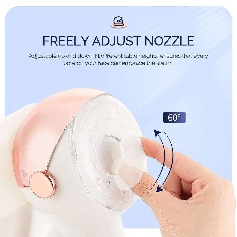 Hand adjusting 60-degree nozzle on white and rose gold nano ionic facial steamer for deep pore cleansing and skin care.