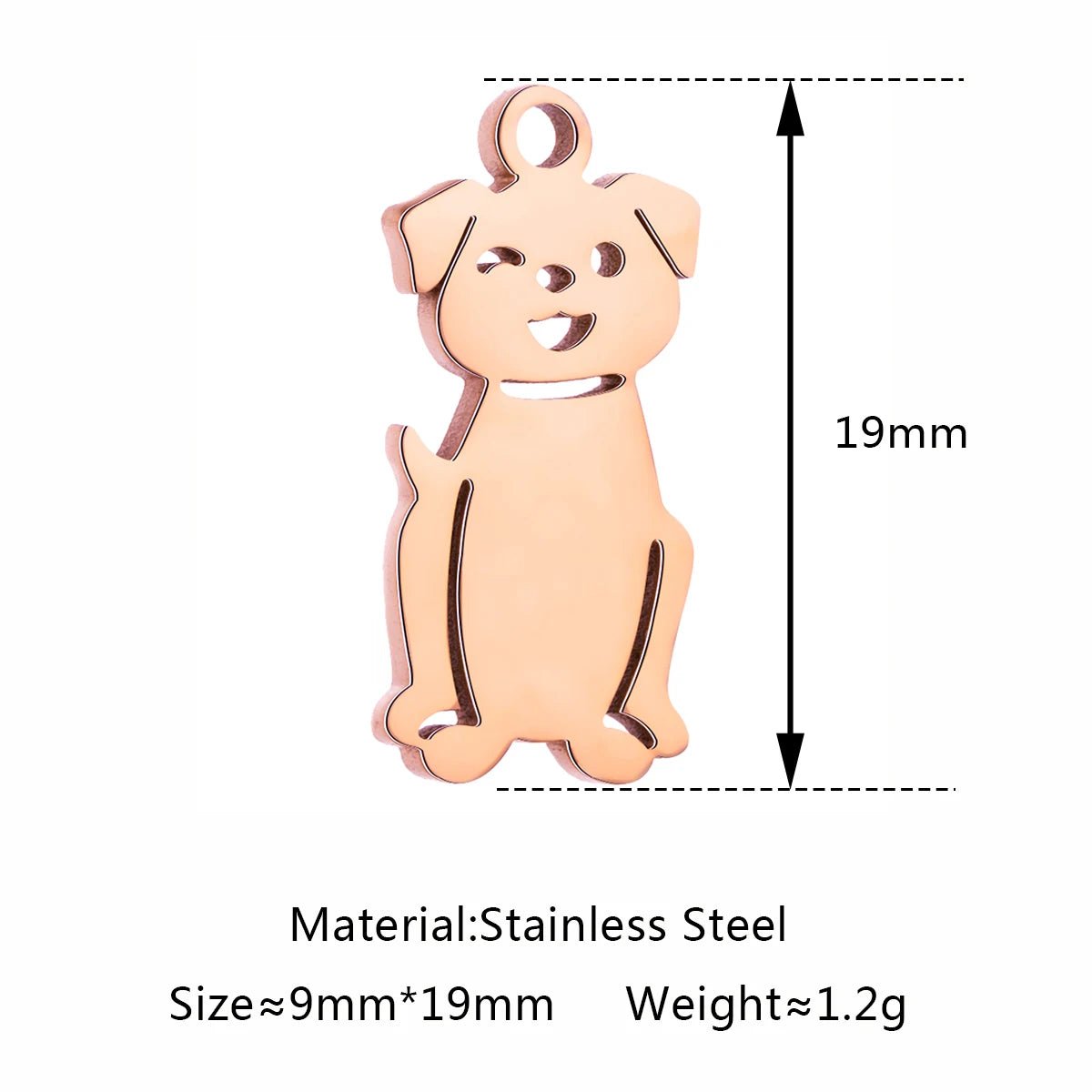 5pcs rose gold stainless steel dog charms, 19mm DIY jewelry pendants for pet-themed necklaces, bracelets, and earrings.
