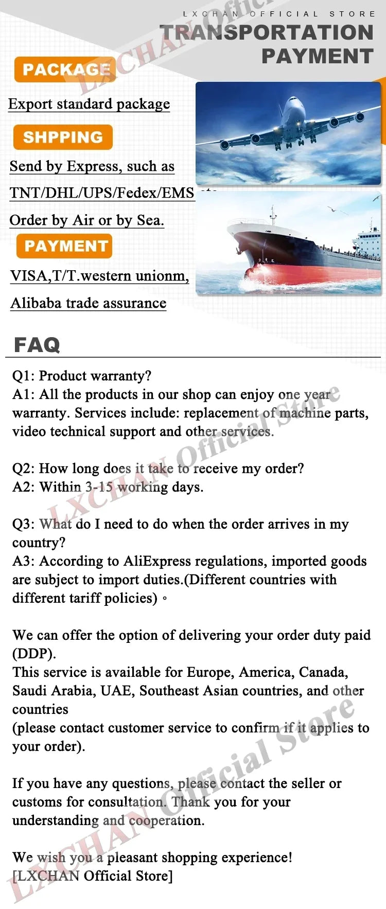 LXCHAN Official Store shipping, payment, and warranty information for coffee and tea maker equipment.