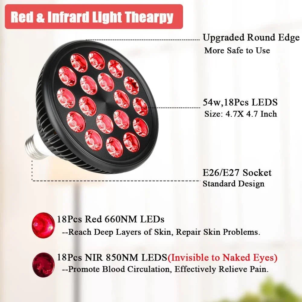 54W red light therapy bulb with 660nm & 850nm LEDs for skin care and pain relief with standard E26/E27 base.